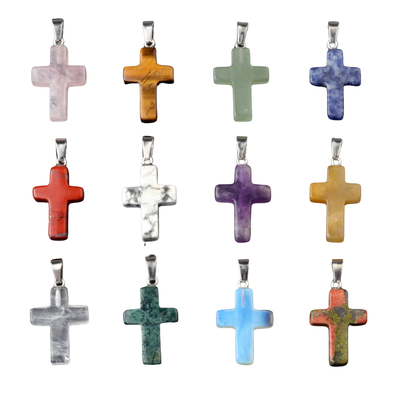 Cross pendant Natural crystal agate semi-precious stone carved multi-color cross necklace healing stone