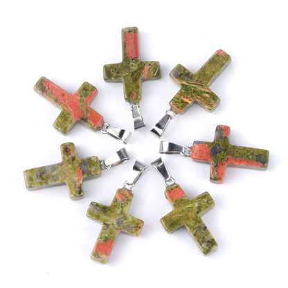 Cross pendant Natural crystal agate semi-precious stone carved multi-color cross necklace healing stone