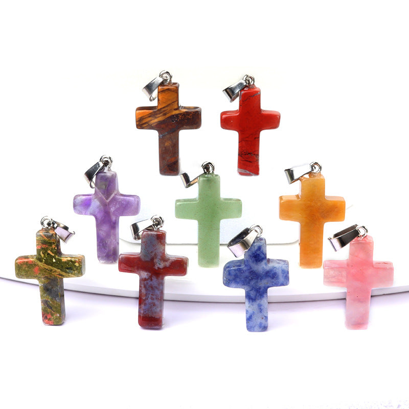 Cross pendant Natural crystal agate semi-precious stone carved multi-color cross necklace healing stone